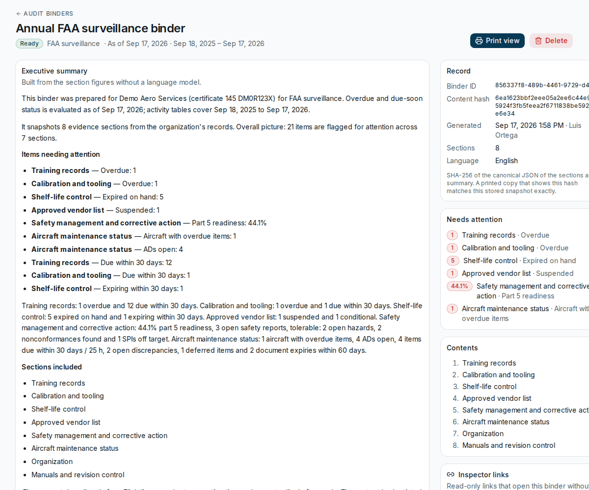 FAA Ready audit binder screen listing training, calibration, shelf-life, vendor and SMS evidence compiled as of a chosen date