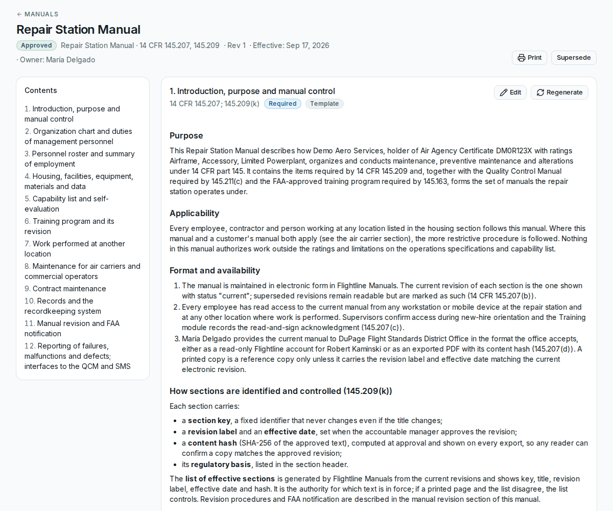 FAA Ready manual editor showing a revision-controlled Repair Station Manual section